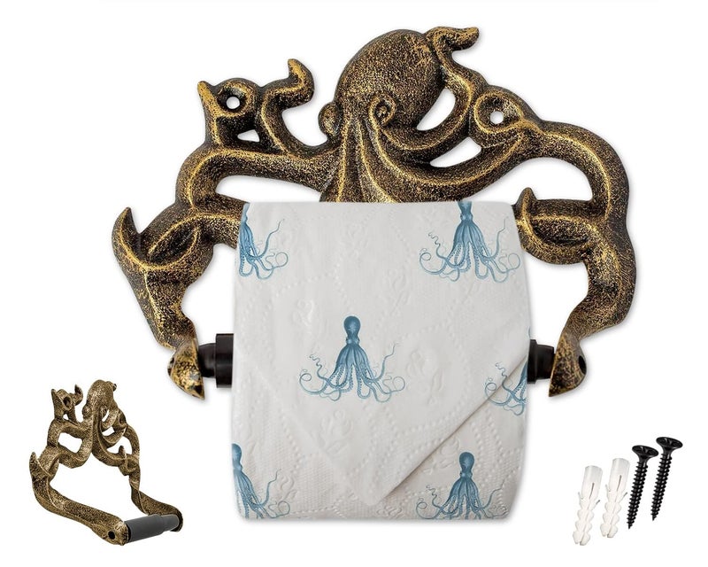 Comfify Decorative Cast Iron Octopus Toilet Paper Holder â€“ Wall Mounted Kraken Bathroom Accessory â€“ Nautical Style â€“ Includes Screws and Anchors â€“ Gold & Black - Image 1